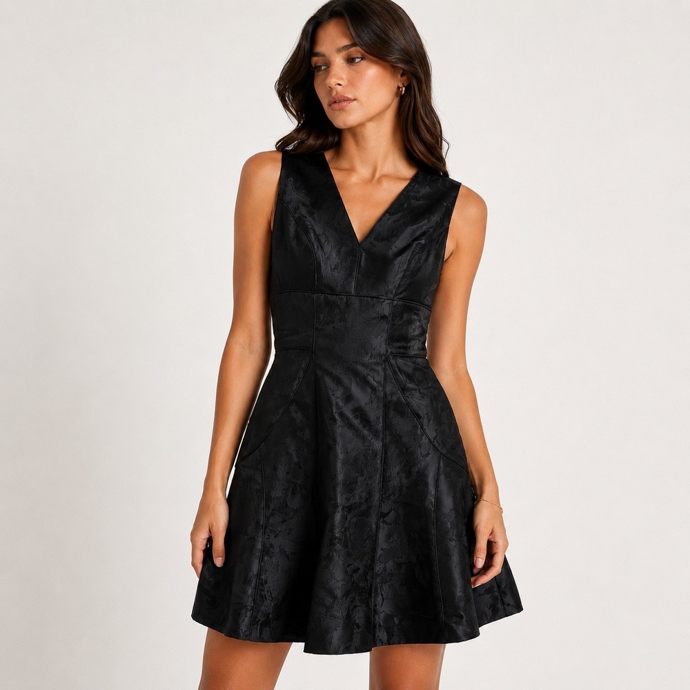 Vera Wang Cocktail Dress Womens 2 Black Floral Jacquard V-Neck Fit Flare Pockets